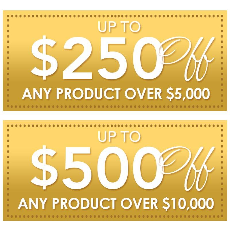 Up to $250 off any product over $5,000 and up to $500 off any product over $10,000