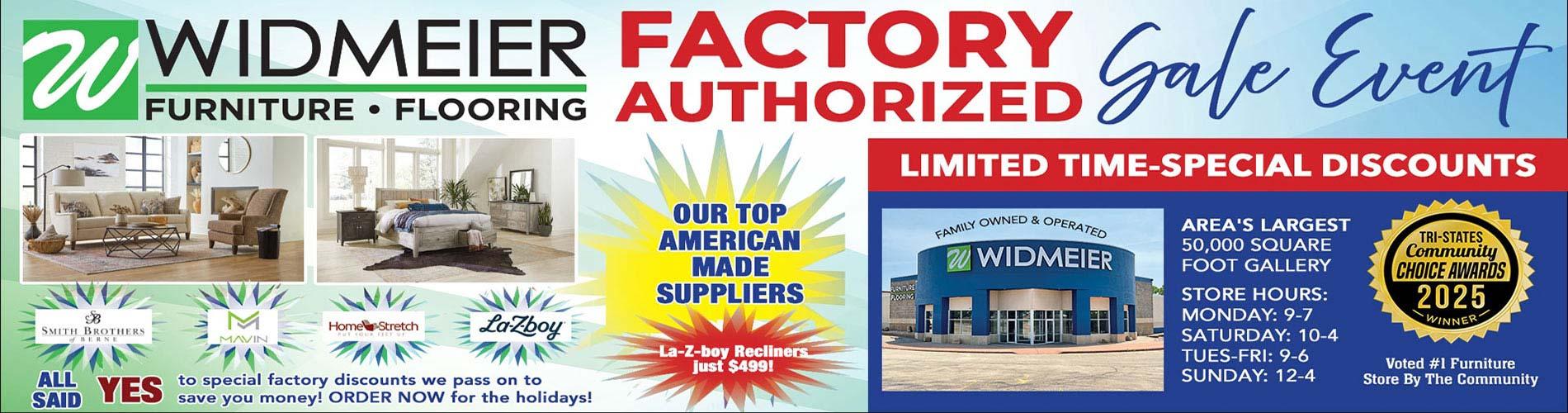 Widmeier Furniture & Flooring Factory Authorized Sale Event. Promotional banner showing furniture room scenes and store exterior. Text highlights limited‑time special discounts, La‑Z‑Boy recliners for $499, and American‑made suppliers including Smith Brothers, MAVIN, HomeStretch, and La‑Z‑Boy. Mentions 50,000‑square‑foot gallery, store hours Monday–Sunday, and Tri‑States Community Choice Awards 2025 winner voted #1 furniture store.