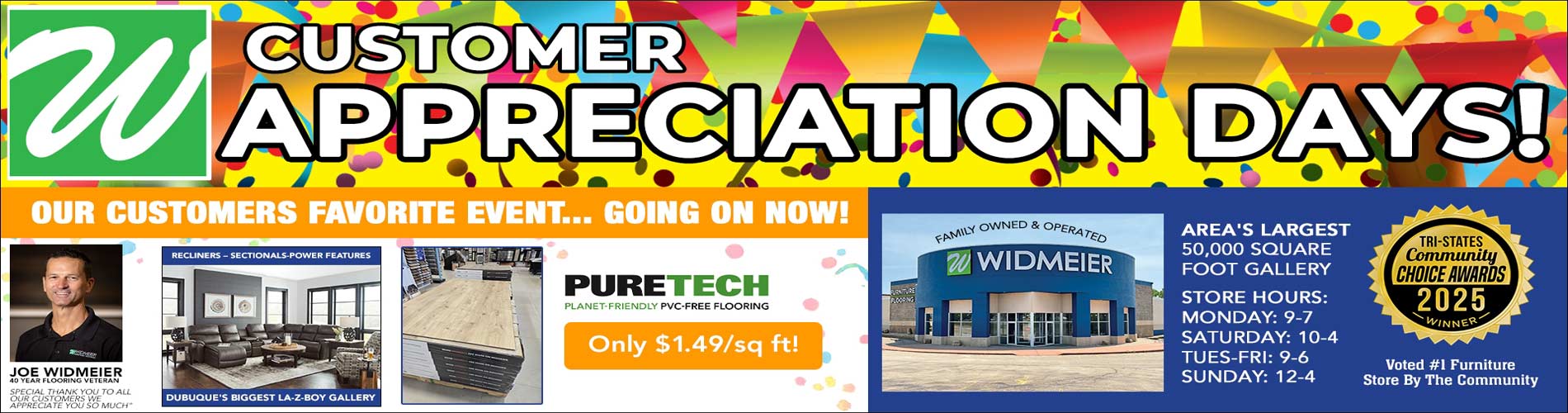 Customer Appreciation Days sale banner for Widmeier Furniture & Flooring, featuring furniture and flooring displays, PureTech flooring for $1.49 per square foot, store hours, and a 2025 Tri-States Community Choice Award.