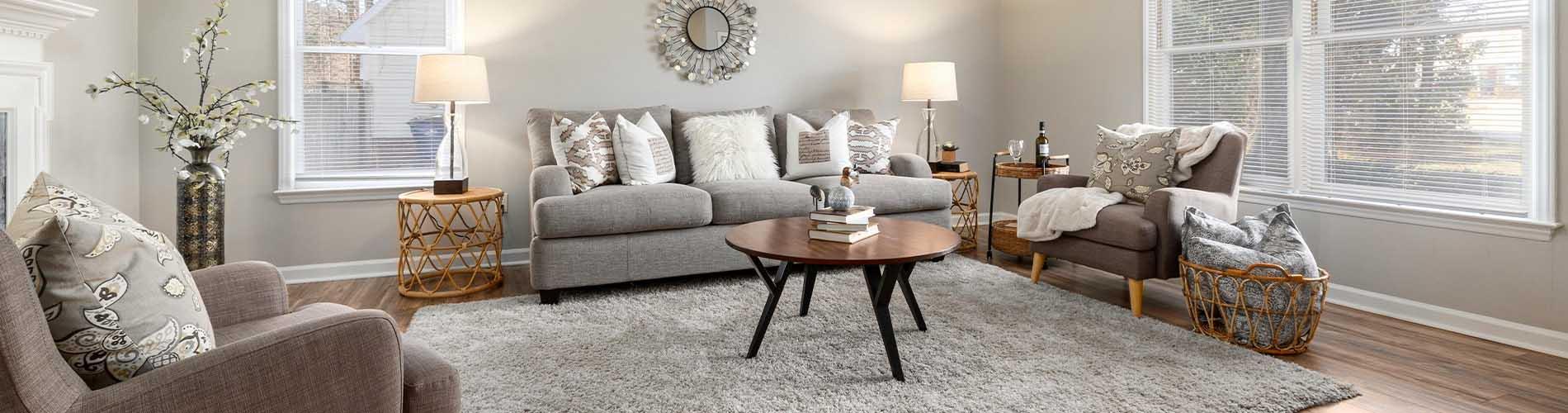 Bright family room with wood floors and cozy rug