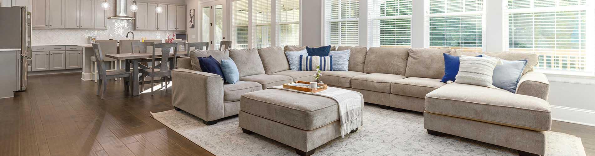 Large open concept floor plan with hardwood floors and detailed rug
